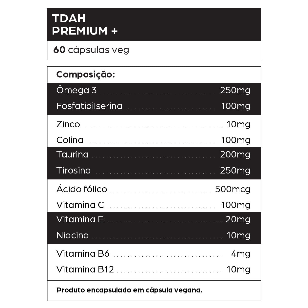Informações do suplemento TDAH Premium+ da dntró com 60 cápsulas veganas, desenvolvido para foco, memória, desempenho cognitivo e suporte neurológico. Composição rica em Ômega 3 (250mg), Fosfatidilserina (100mg), Colina, Zinco, Taurina, Tirosina, Vitaminas do complexo B (B6, B12, Niacina, Ácido fólico), Vitamina C e Vitamina E. Fórmula completa para adultos e crianças com dificuldades de atenção, concentração e hiperatividade. Produto natural, vegano, sem glúten e não testado em animais.