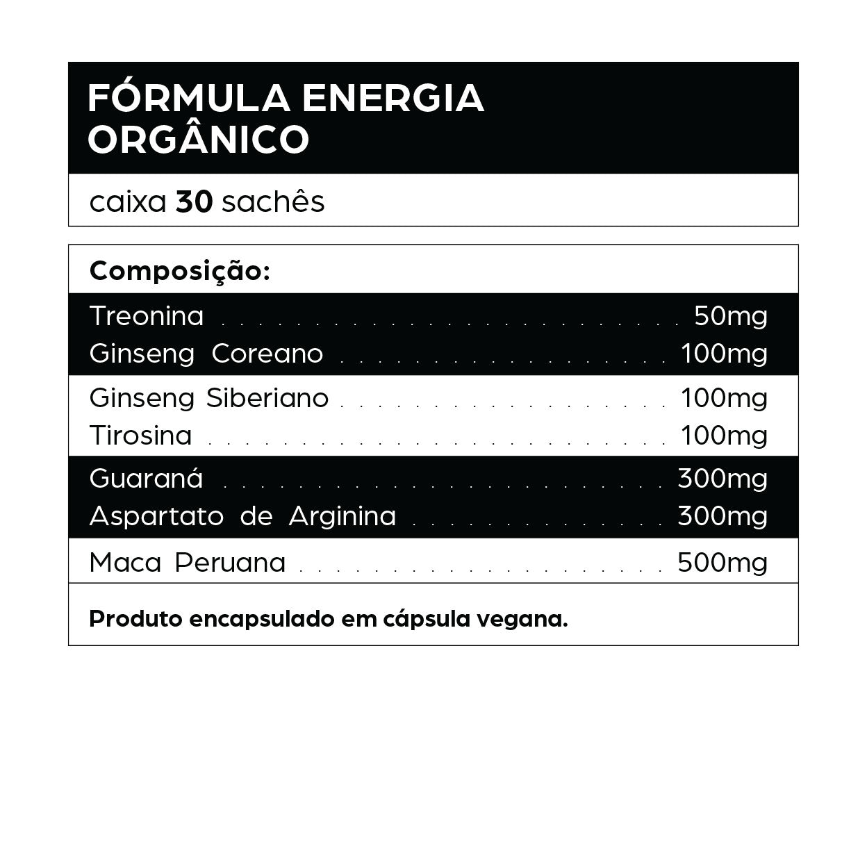 Tabela da Fórmula Energia Orgânico da dntró, suplemento natural com 30 sachês em cápsulas veganas, ideal para aumentar disposição física e mental, combater o cansaço e melhorar o desempenho diário. Contém Treonina (50mg), Ginseng Coreano (100mg), Ginseng Siberiano (100mg), Tirosina (100mg), Guaraná (300mg), Aspartato de Arginina (300mg) e Maca Peruana (500mg), ativos reconhecidos por sua ação estimulante, adaptógena e energizante. Indicado para quem busca mais energia e foco sem recorrer a estimulantes arti