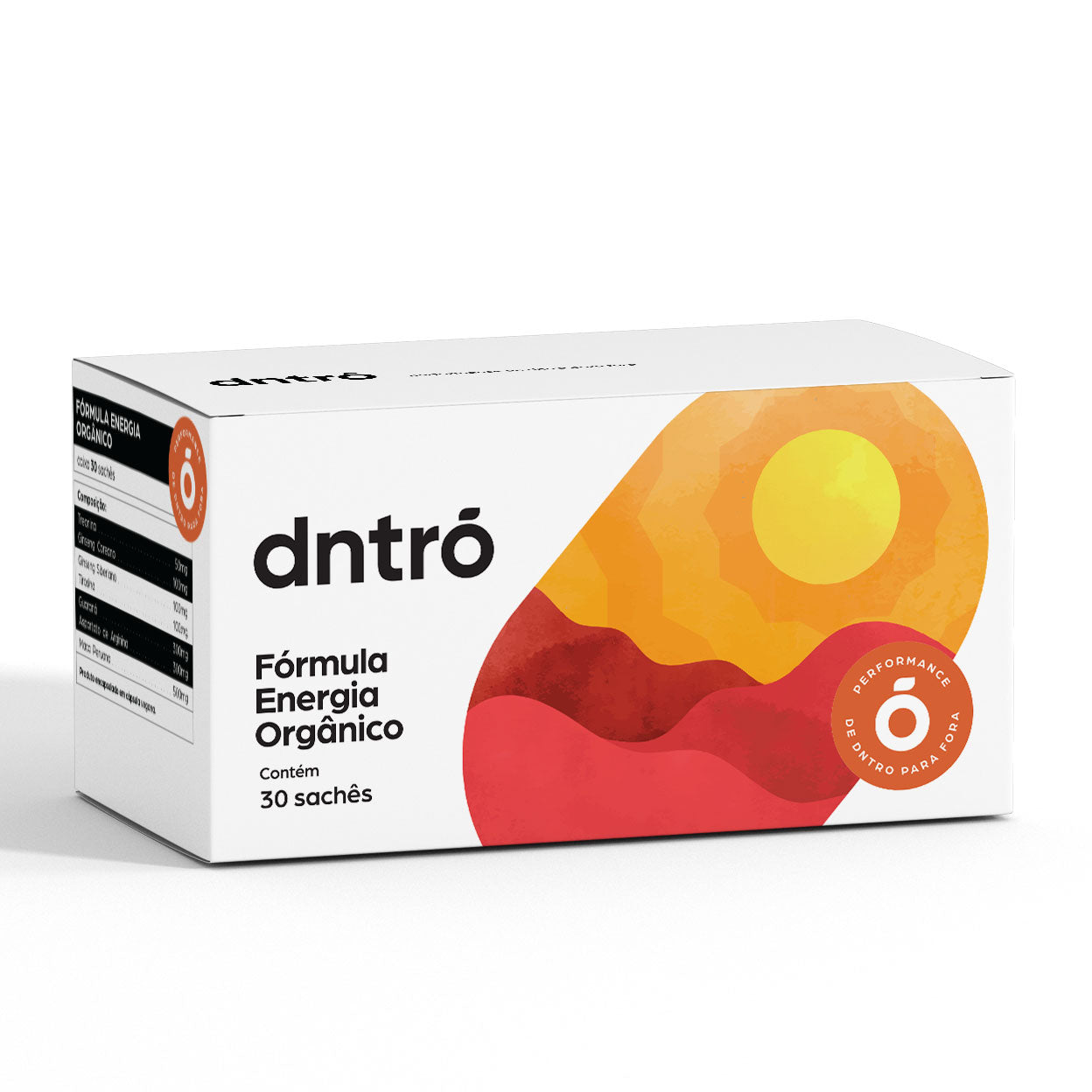 Caixa do suplemento DNTRO Fórmula Energia Orgânico com 30 sachês — suplemento natural para aumentar disposição física, foco e energia ao longo do dia.