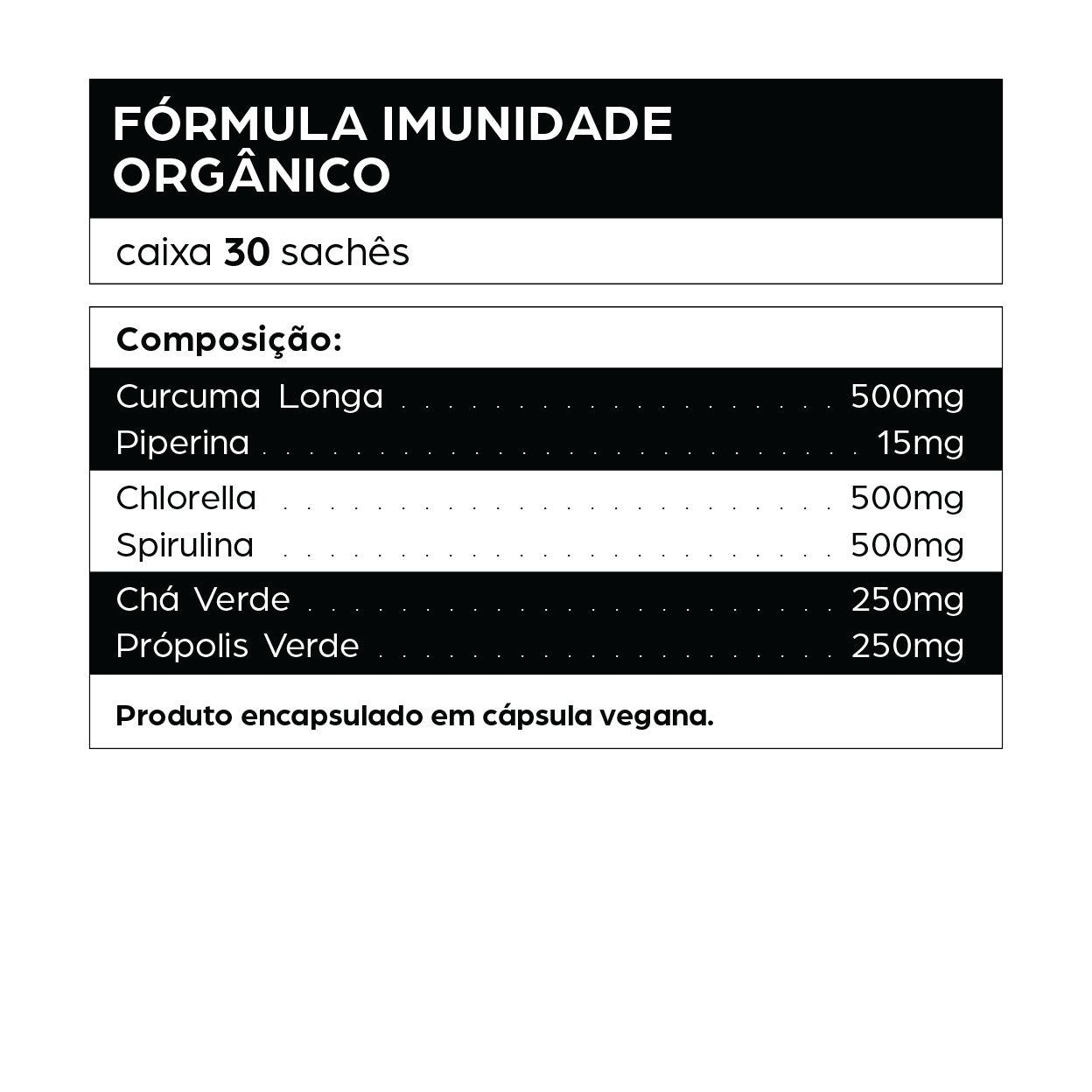 Tabela da Fórmula Imunidade Orgânico da dntró, suplemento natural com 30 sachês em cápsulas veganas, indicado para fortalecer o sistema imunológico, reduzir inflamações e aumentar a vitalidade. Composição inclui cúrcuma longa (500mg), piperina (15mg), chlorella (500mg), spirulina (500mg), chá verde (250mg) e própolis verde (250mg), ingredientes reconhecidos por sua ação antioxidante, antiviral, detoxificante e estimulante da imunidade natural.