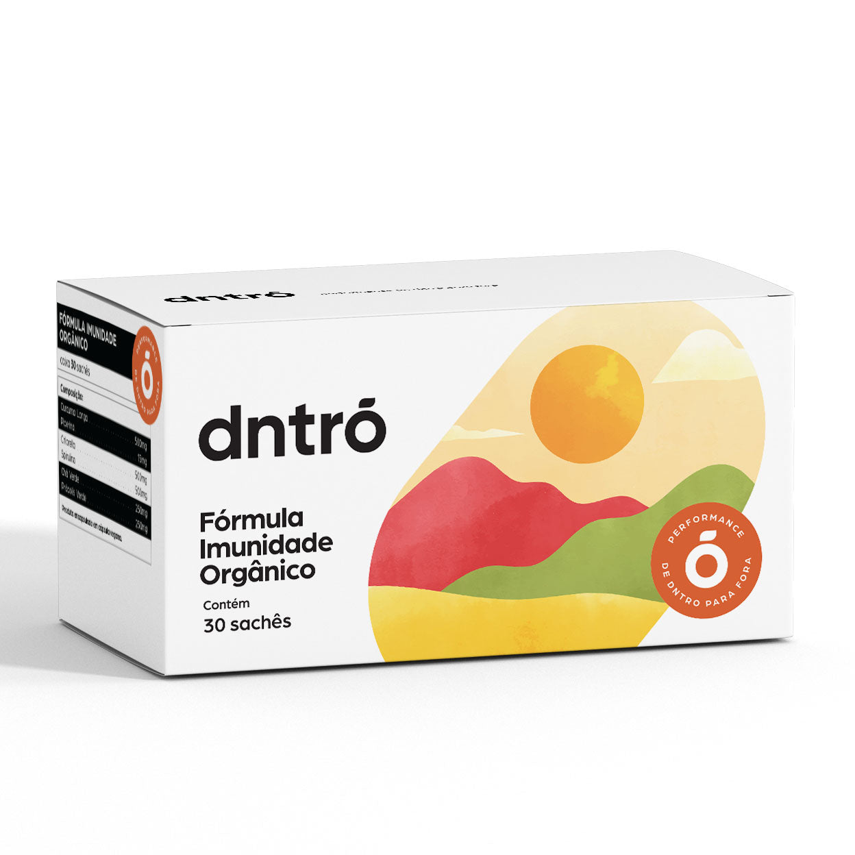 Caixa do suplemento DNTRO Fórmula Imunidade Orgânico com 30 sachês — suplemento natural para fortalecer o sistema imunológico e aumentar a resistência do corpo.