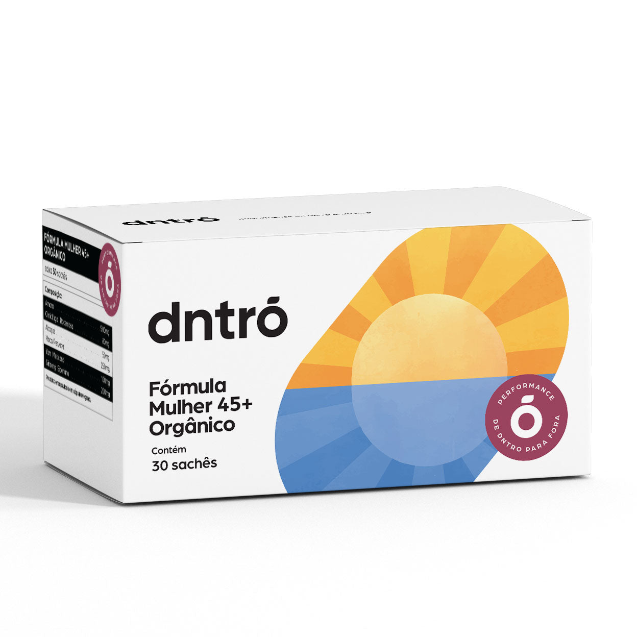 Caixa do suplemento DNTRO Fórmula Mulher 45+ Orgânico com 30 sachês — suplemento natural para menopausa, equilíbrio hormonal e bem-estar feminino.