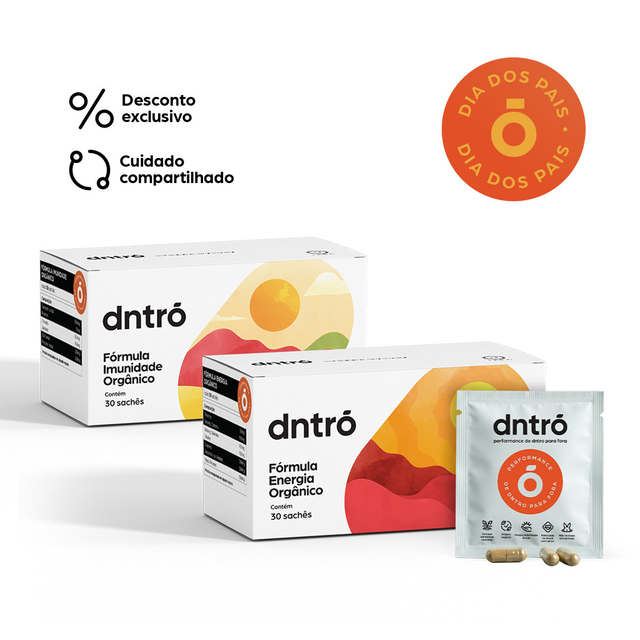 Kit DNTRO especial Dia dos Pais com desconto exclusivo: Fórmula Imunidade Orgânico e Fórmula Energia Orgânico, cada um com 30 sachês, embalagens modernas e sachê aberto com cápsulas à frente, simbolizando cuidado compartilhado e performance natural.