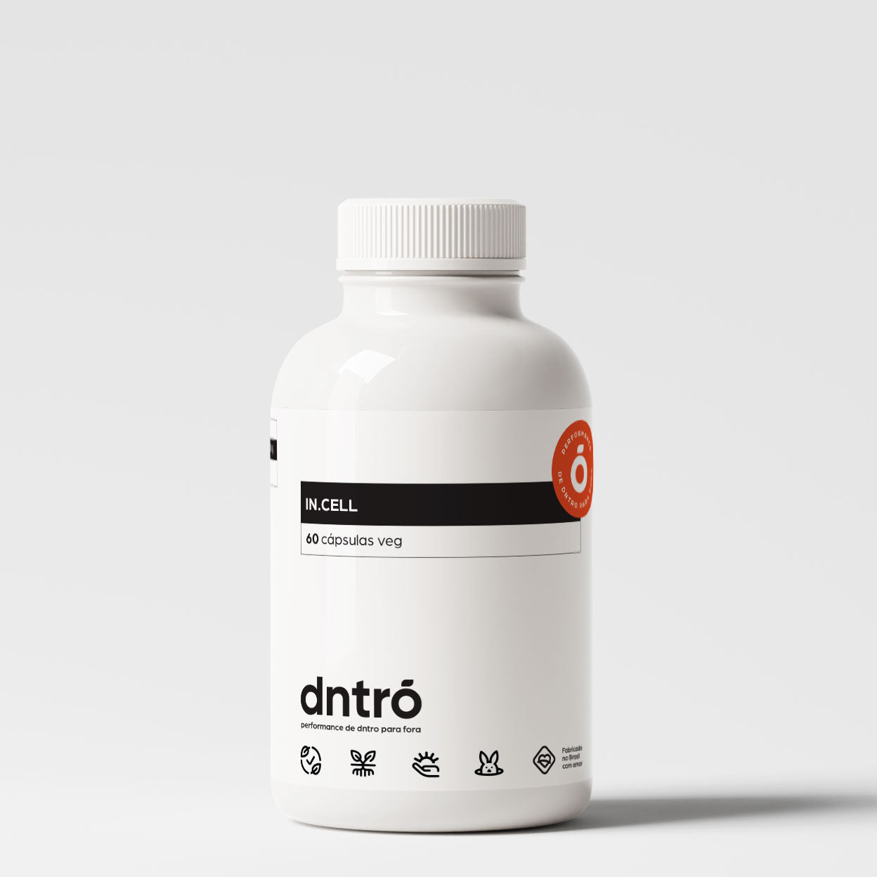 Frasco do suplemento IN.CELL da marca dntró com 60 cápsulas veganas, desenvolvido para regeneração celular, energia mitocondrial e performance funcional. Embalagem branca com design minimalista, rótulo preto e selo laranja de ativo patenteado. Produto clean label, com fórmula natural, não testado em animais e baseado em evidência científica. Ideal para quem busca saúde celular e bem-estar integral.