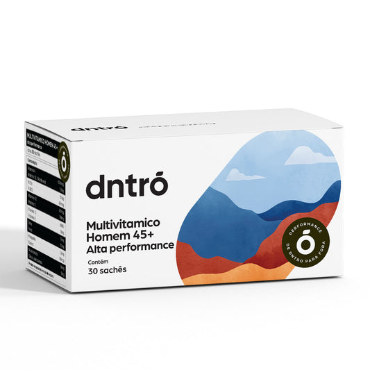 Caixa de Multivitamínico Homem 45+ DNTRO Alta Performance com 30 sachês. Suplemento completo para homens acima de 45 anos que buscam mais energia, imunidade fortalecida, foco mental e vitalidade. Ajuda a reduzir cansaço, melhorar disposição, proteger articulações e apoiar saúde cardiovascular com fórmula rica em vitaminas e minerais essenciais.