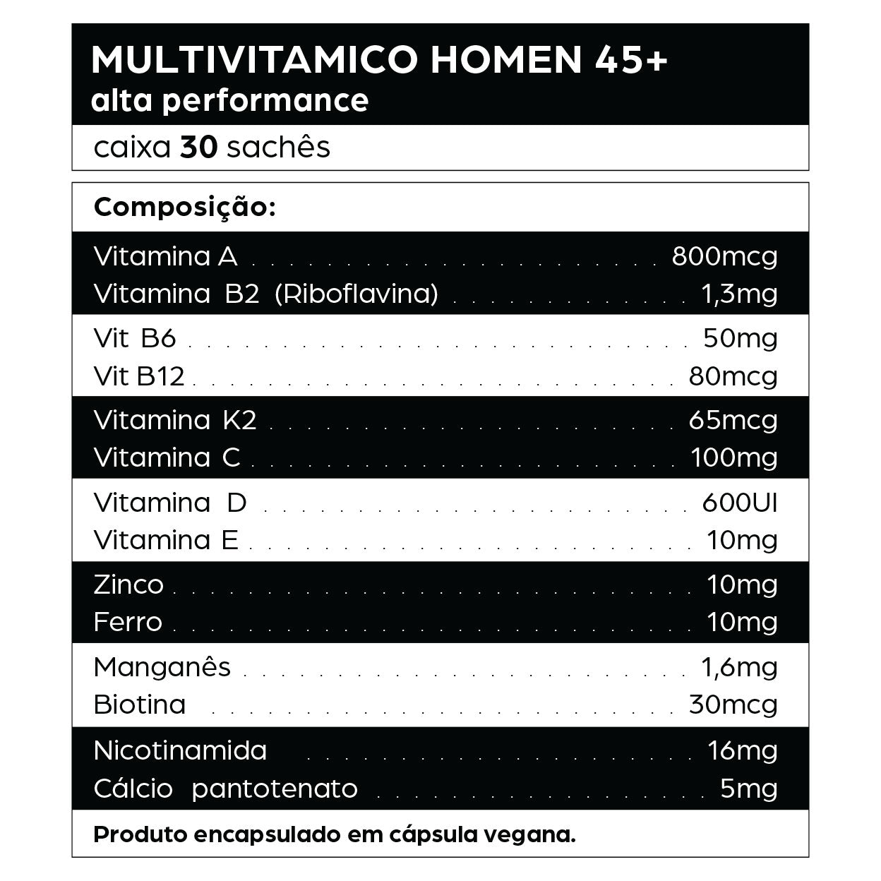 Multivitamínico Homem 45+ DNTRO alta performance com vitaminas A, B2, B6, B12, K2, C, D, E, zinco, ferro, manganês e biotina. Suplemento para homens acima de 45 anos que buscam mais energia, imunidade forte, foco mental e vitalidade. Ajuda a reduzir cansaço, fortalecer músculos e articulações, melhorar disposição diária e saúde cardiovascular, com cápsula vegana.