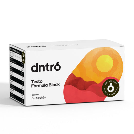 Imagem da embalagem do suplemento “dntró Testo Fórmula Black”. A caixa é branca com ilustração abstrata em tons de vermelho, laranja e amarelo, remetendo ao sol e a montanhas. Indica que contém 30 sachês. No canto inferior direito, há um selo circular preto com a inscrição “Performance de dntro para fora”.