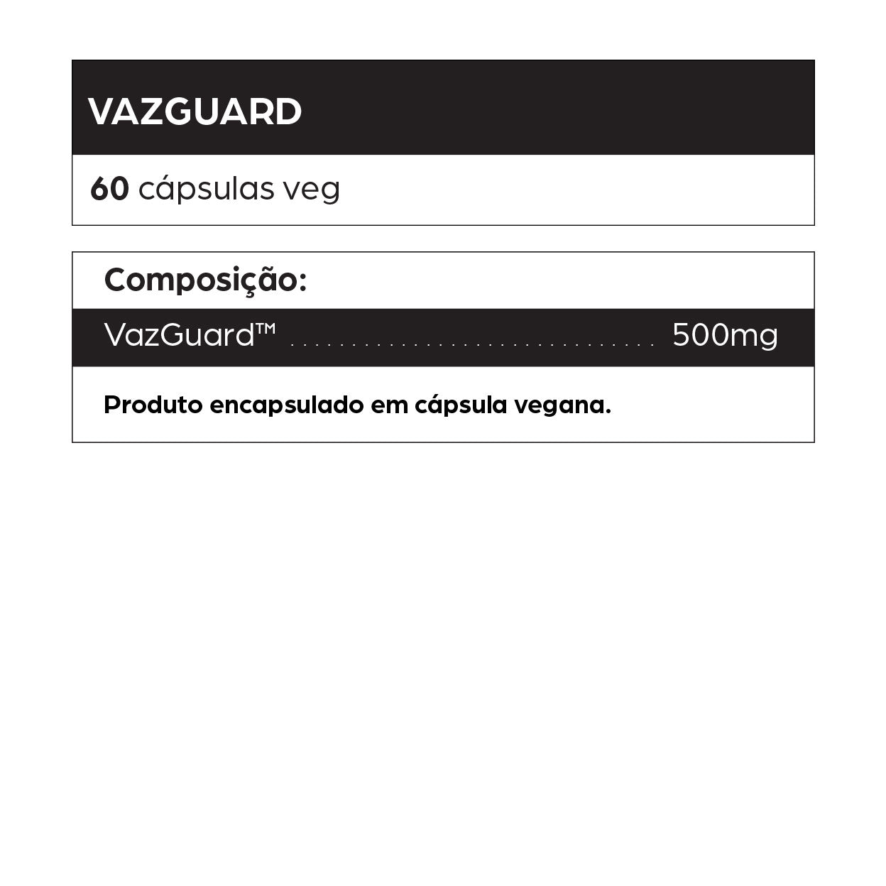 Rótulo do suplemento VazGuard com 60 cápsulas veganas de 500mg. Fórmula exclusiva indicada para suporte à saúde cardiovascular, circulação e proteção vascular. Produto natural, encapsulado em cápsula vegana e livre de glúten e crueldade animal.