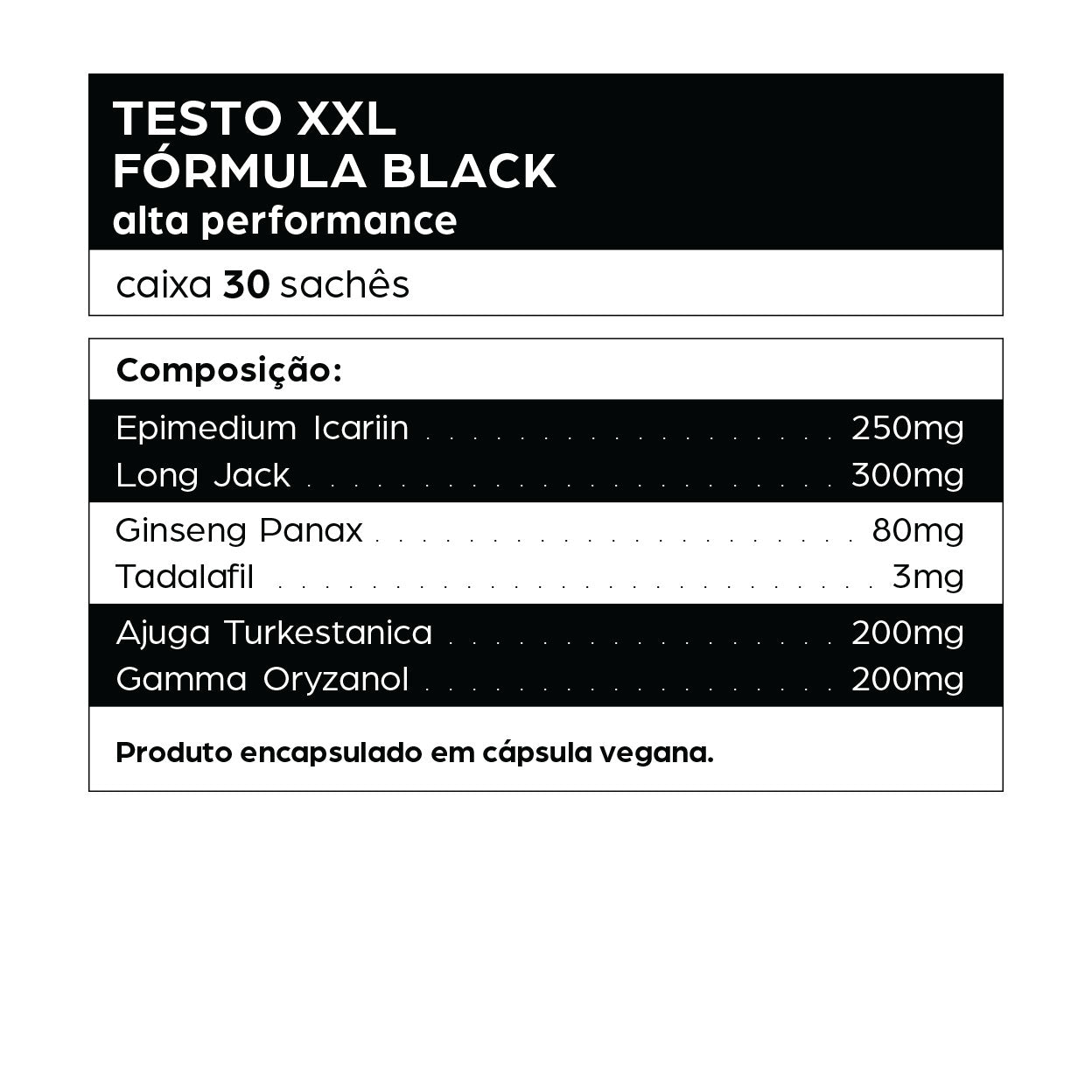 Tabela com a composição do suplemento Testo XXL Fórmula Black da dntrō, com 30 sachês e ativos como Long Jack, Icariin, Panax e Tadalafil. Produto encapsulado em cápsula vegana.