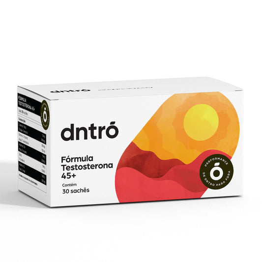 Caixa do suplemento Fórmula Testosterona 45+ da dntró com 30 sachês, desenvolvida para homens a partir dos 45 anos. Suporte hormonal natural com tribulus, maca, feno-grego, vitaminas e minerais. Produto vegano, sem glúten e voltado para libido, energia e vitalidade.