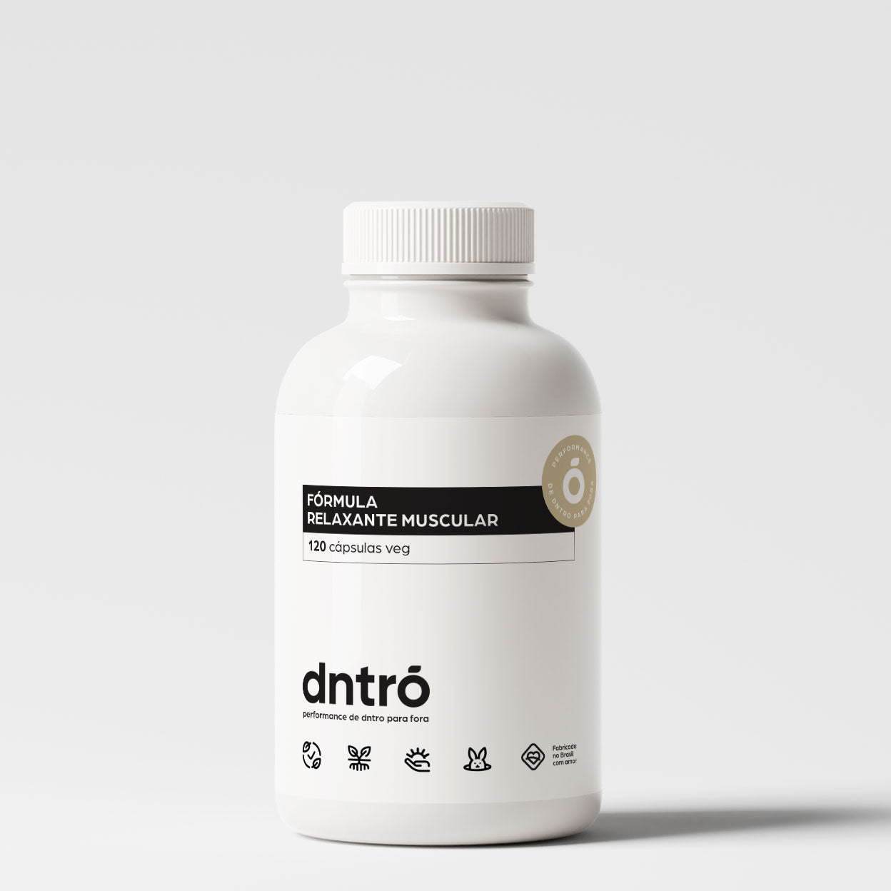 Frasco do suplemento Fórmula Relaxante Muscular DNTRO com 120 cápsulas veganas — suplemento natural para aliviar tensões e relaxar os músculos.