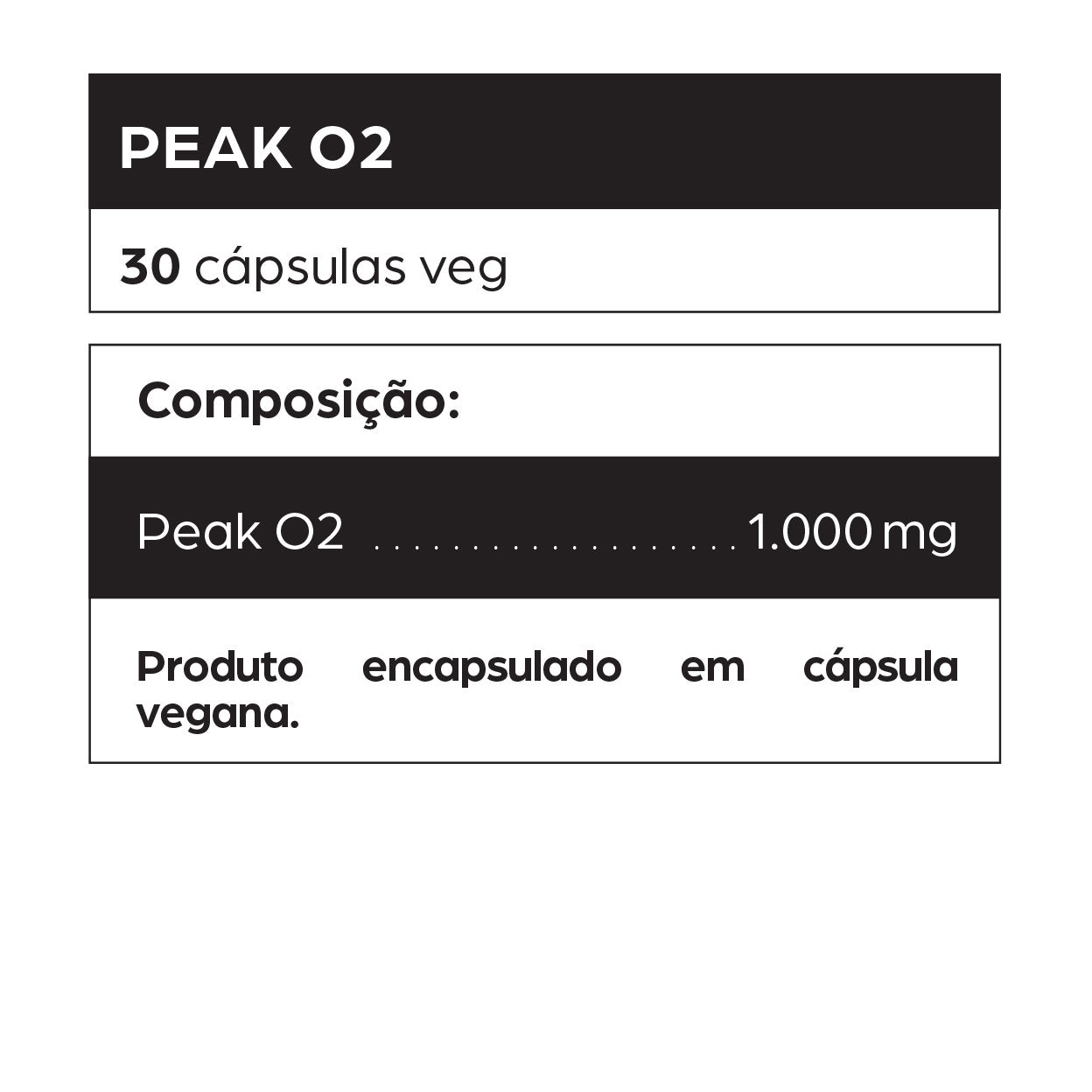 Rótulo do suplemento Peak O2 com 30 cápsulas veganas de 1.000 mg. Composição: Peak O2 — blend de adaptógenos fúngicos que melhora resistência física, capacidade respiratória e desempenho esportivo. Produto encapsulado em cápsula vegana.