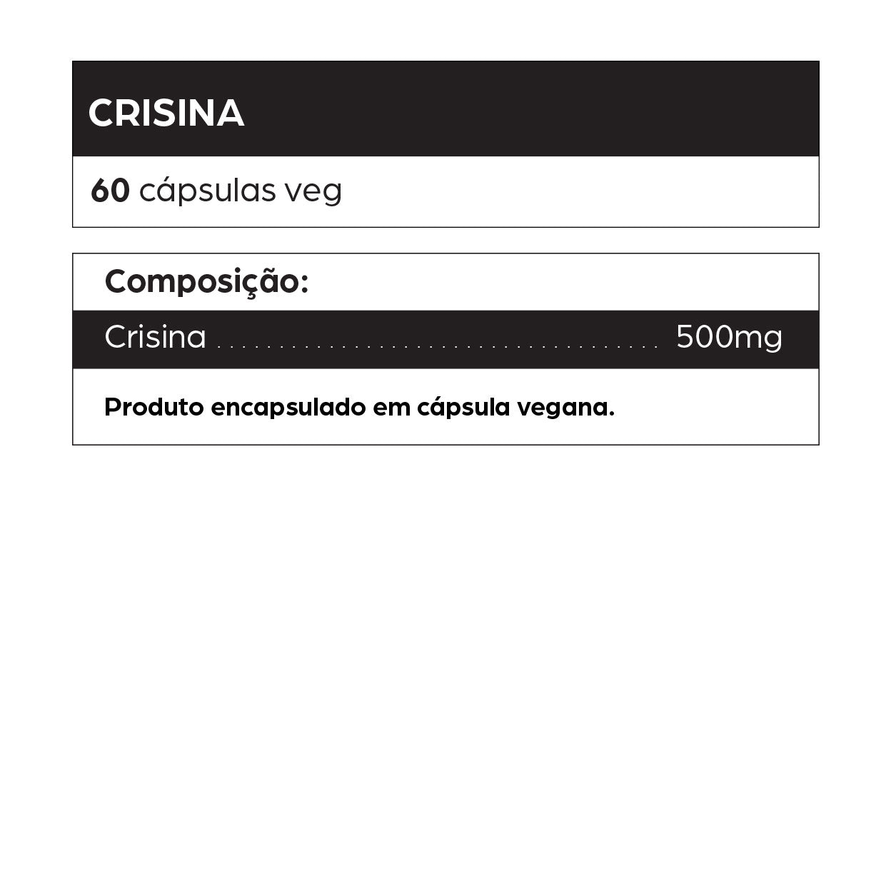 Frasco de Crisina 500mg com 60 cápsulas veganas. Suplemento natural utilizado para inibir a enzima aromatase, auxiliar na regulação hormonal e aumentar a testosterona. Ideal para homens com ginecomastia, queda de libido ou baixa performance. Produto vegano, sem glúten e cruelty-free.