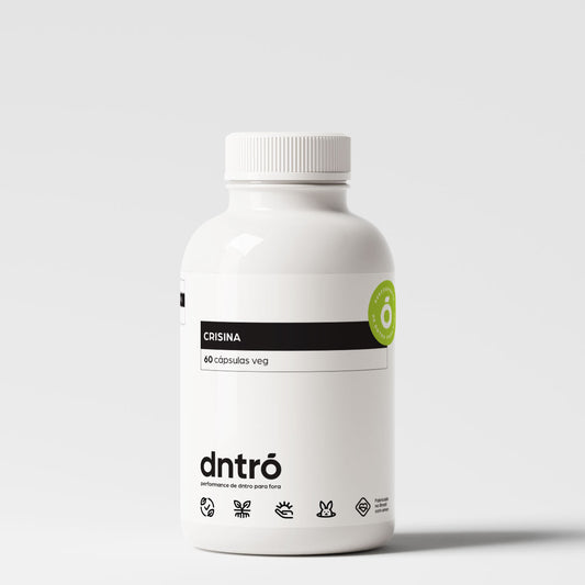 Frasco do suplemento Dntró Crisina com 60 cápsulas veganas. Produto natural voltado para equilíbrio hormonal e suporte antioxidante. Embalagem branca com selo de pureza e ícones de produto vegano, sem glúten, sem lactose e não testado em animais.