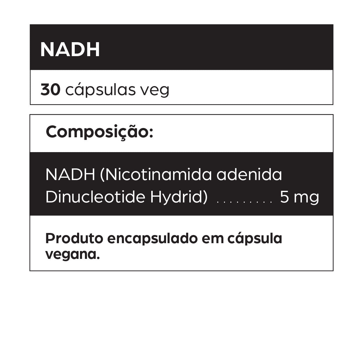 NADH 5mg por cápsula vegana com nicotinamida adenina dinucleotídeo hidratado. Suplemento para fadiga crônica, memória fraca, baixa energia, concentração e desempenho mental. Auxilia na produção de ATP e melhora da função mitocondrial.