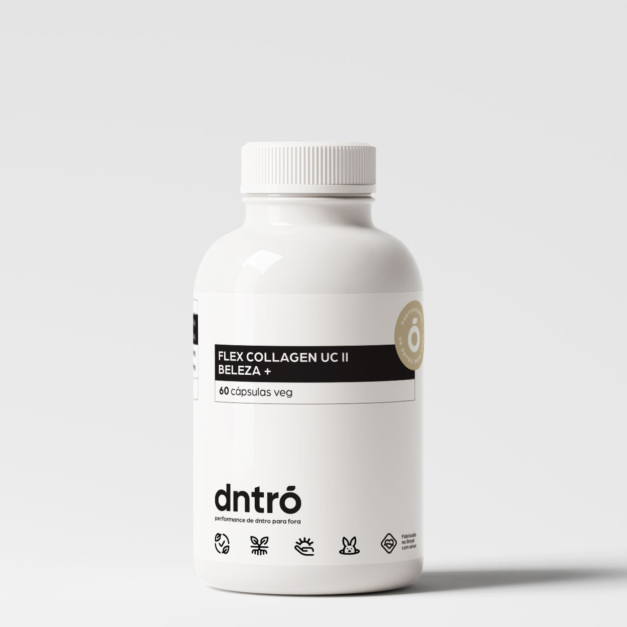 Frasco do suplemento DNTRO Flex Collagen UC II Beleza + com 60 cápsulas veganas. Embalagem branca com faixa preta e selo bege. Fórmula natural voltada para beleza da pele, articulações e estrutura corporal. Produto vegano e não testado em animais.