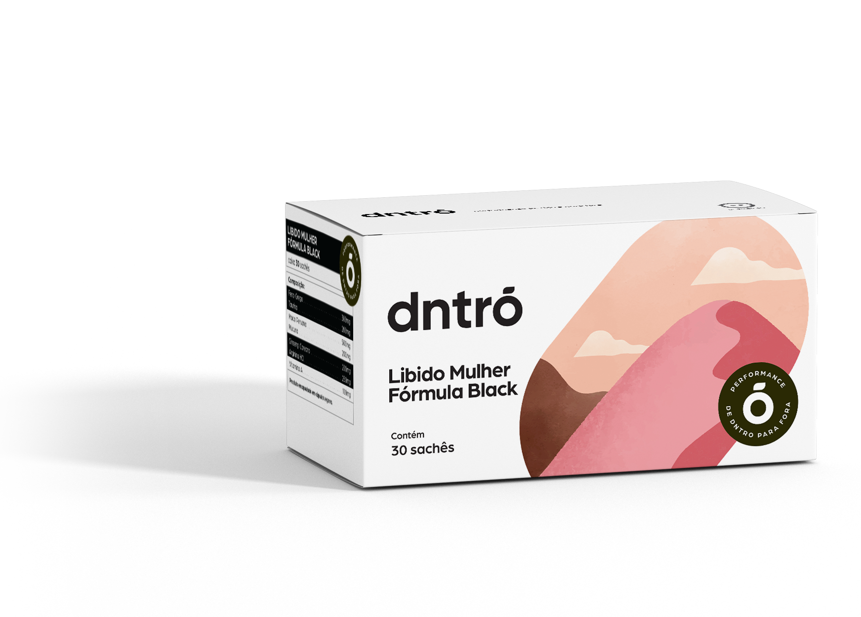 Embalagem da Fórmula Libido Mulher Black da dntrō com 30 sachês, suplemento voltado para desejo, energia e bem-estar feminino.