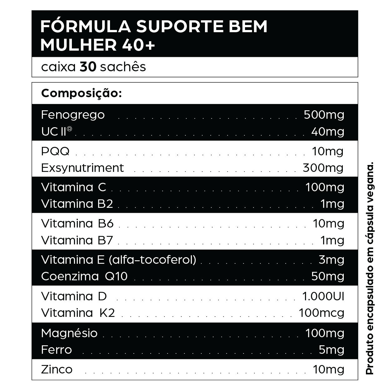 Tabela de composição da Fórmula Suporte Bem Mulher 40+ da dntrō, com 30 sachês e ativos como feno-grego, UC II®, vitaminas e minerais. Produto vegano.