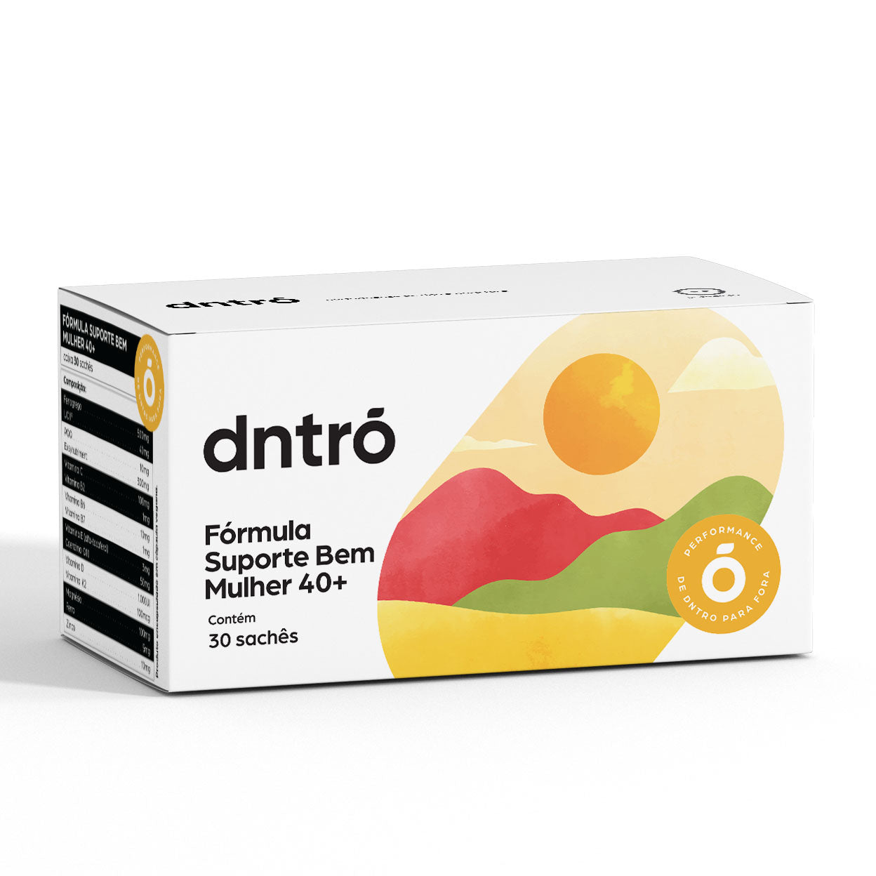 Embalagem da Fórmula Suporte Bem Mulher 40+ da dntrō com 30 sachês, suplemento focado em saúde e bem-estar feminino após os 40 anos.