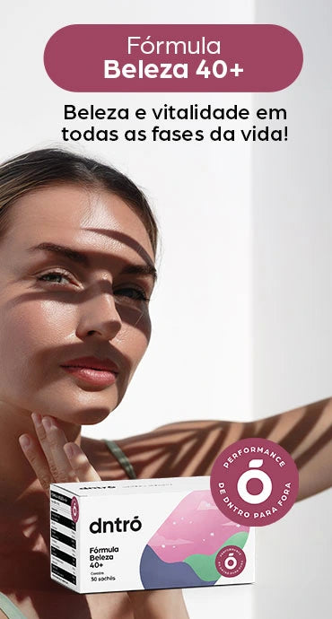 Mulher iluminada pelo sol ao lado da Fórmula Beleza 40+ da dntrō, suplemento para vitalidade e beleza em todas as fases da vida.