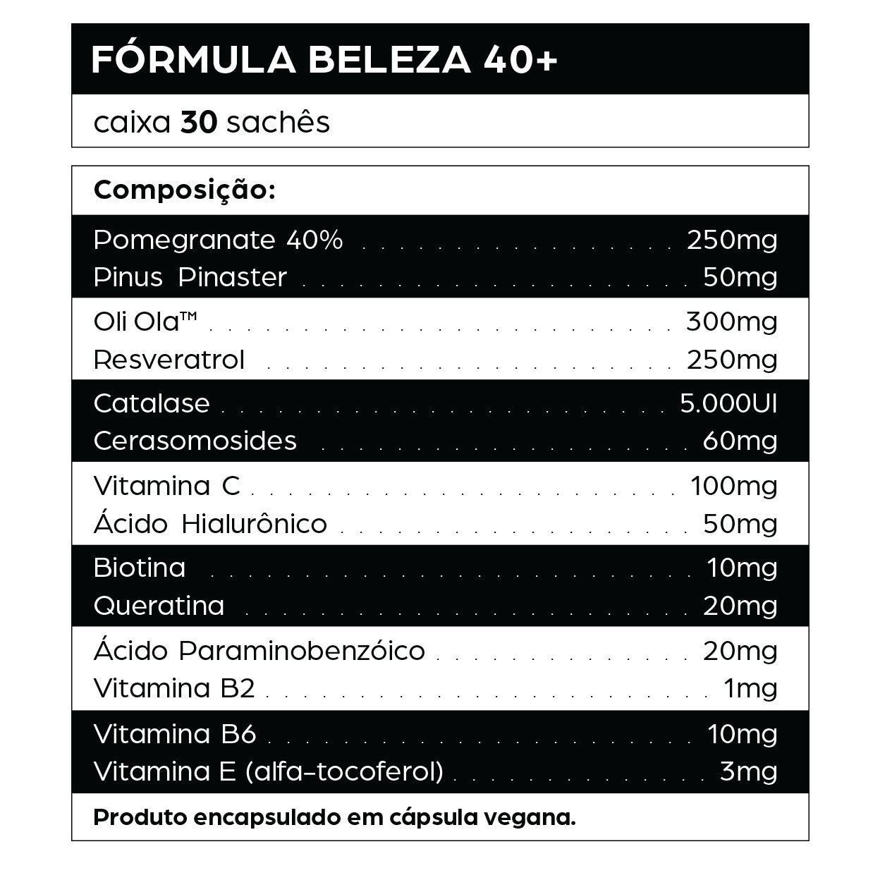 Fórmula Beleza 40+ com pomegranate, resveratrol, cerasomosides, ácido hialurônico e vitaminas para pele firme, cabelo forte, unhas saudáveis e rejuvenescimento. Ideal para mulher madura com queda de cabelo, ressecamento e sinais da idade.