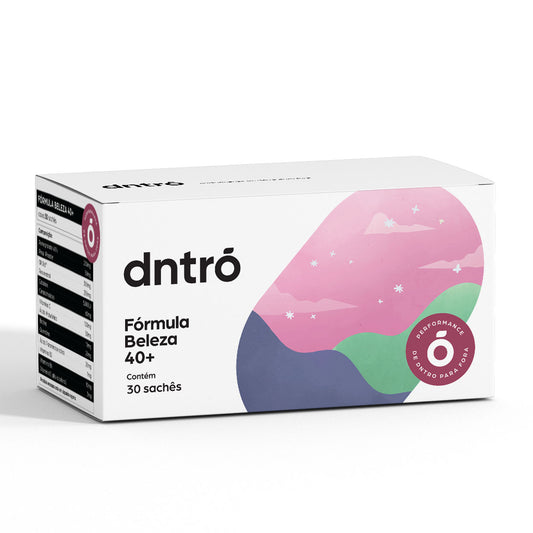 Caixa do suplemento DNTRO Fórmula Beleza 40+ com 30 sachês — suplemento natural para mulheres que sofrem com pele opaca, unhas fracas, queda de cabelo e sinais de envelhecimento; promove firmeza, hidratação e revitalização da beleza após os 40 anos.