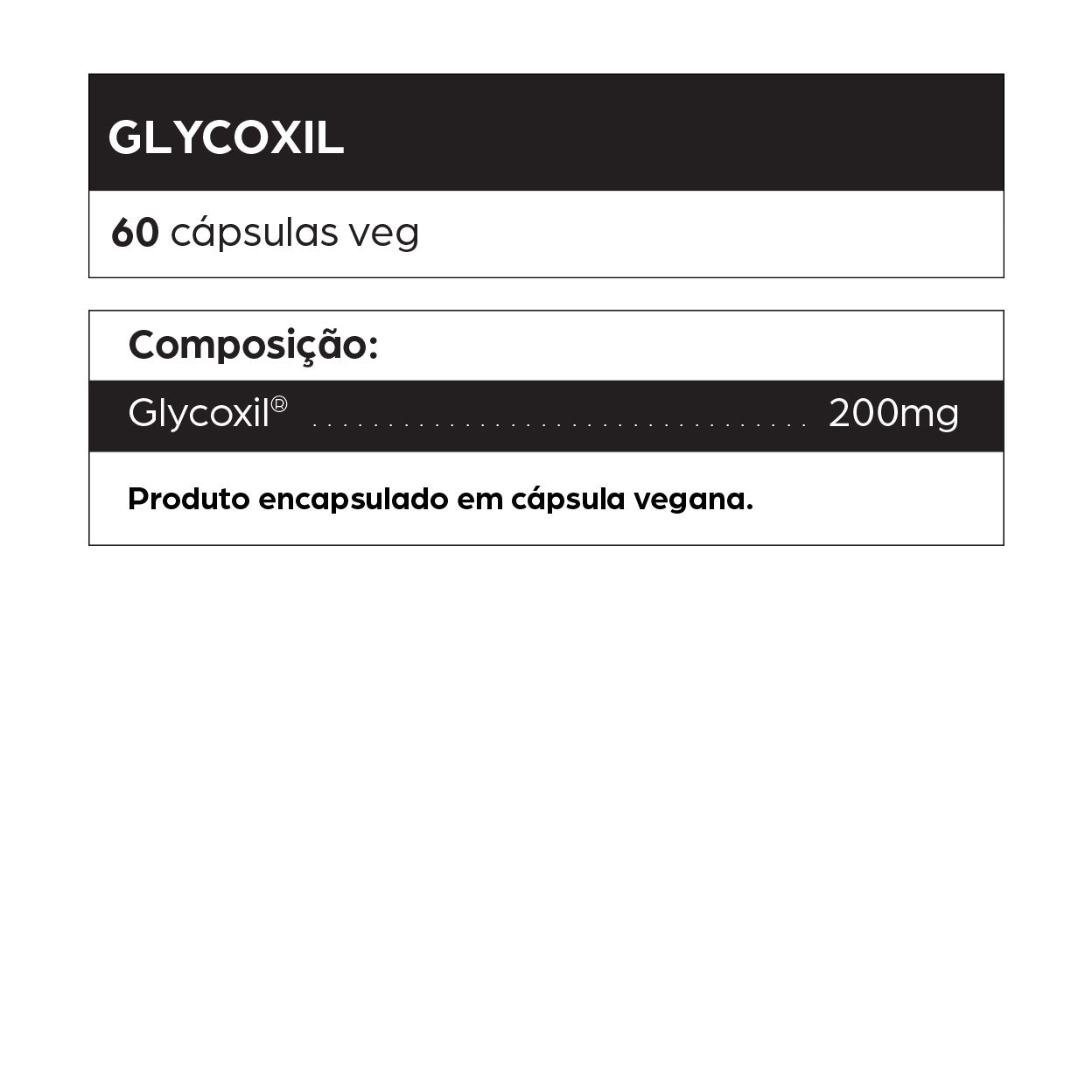 Rótulo do suplemento Glycoxil com 60 cápsulas veganas. Cada cápsula contém 200 mg de Glycoxil®, encapsulado em cápsula vegana. Produto voltado para quem busca combater o envelhecimento da pele causado pela glicação — um processo inflamatório que danifica colágeno e elastina. Indicado para redução de rugas, flacidez e perda de firmeza da pele. Pode ser procurado por pessoas com diabetes, resistência à insulina, síndrome metabólica, envelhecimento precoce, pele opaca, marcas profundas e outros efeitos da glic