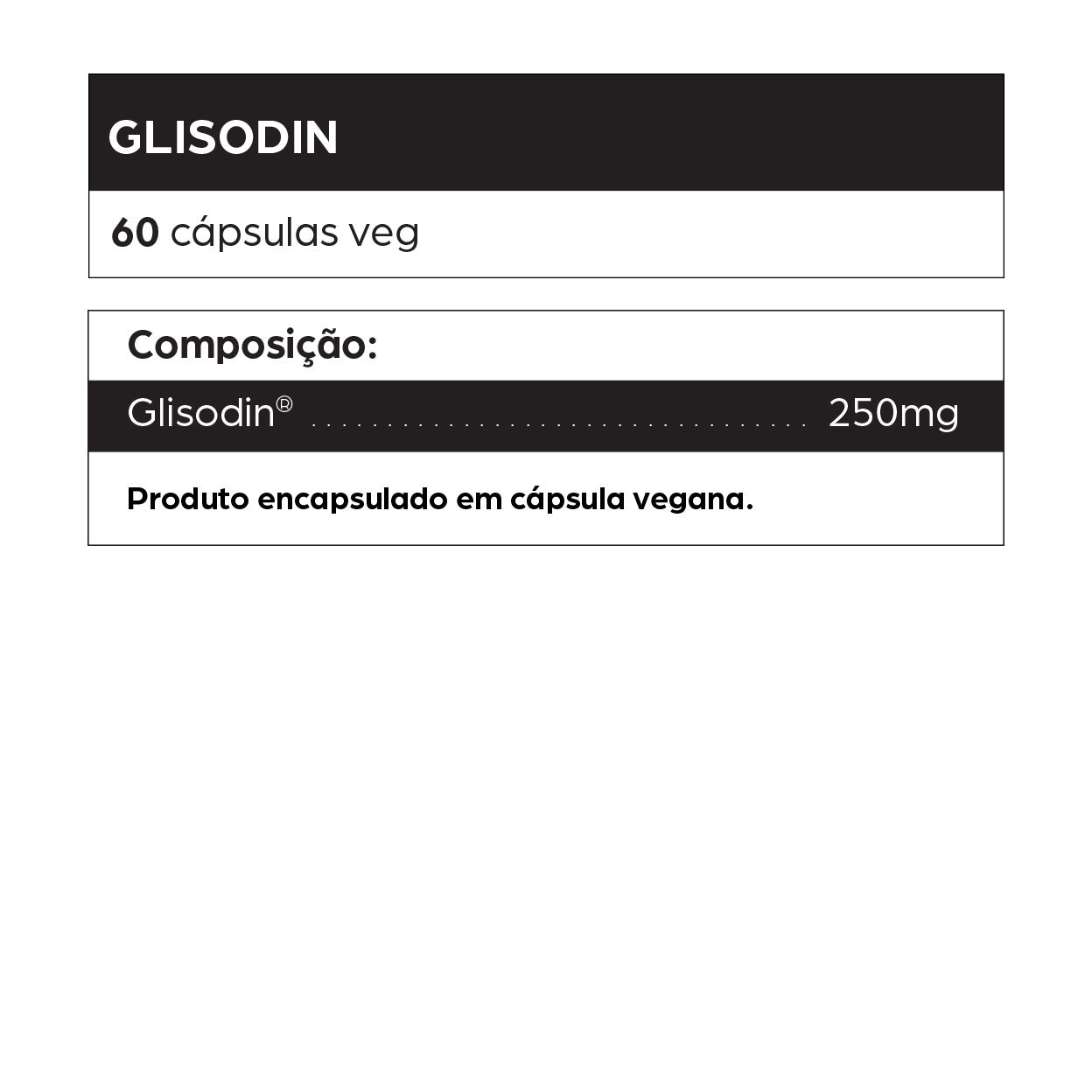 Rótulo do suplemento Glisodin com 60 cápsulas veganas. Composição: Glisodin® 250 mg por cápsula. Produto encapsulado em cápsula vegana. Glisodin é um ativo nutracêutico à base de superóxido dismutase (SOD) derivado do melão cantalupo, conhecido por seu potencial antioxidante e efeito antienvelhecimento celular. Utilizado como coadjuvante no combate ao estresse oxidativo, proteção da pele contra os danos causados pelo sol, melhora da elasticidade cutânea e prevenção do envelhecimento precoce. Indicado para q