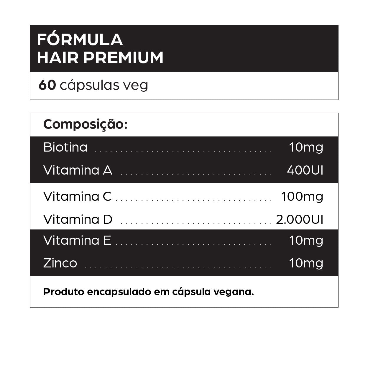 Rótulo do suplemento vitamínico Fórmula Hair Premium com 60 cápsulas veganas. Composição inclui Biotina 10 mg, Vitamina A 400 UI, Vitamina C 100 mg, Vitamina D 2.000 UI, Vitamina E 10 mg e Zinco 10 mg. Produto voltado para o fortalecimento capilar, crescimento saudável dos cabelos, prevenção da queda de cabelo, fortalecimento das unhas e melhora da saúde da pele. Ideal para pessoas que buscam suplementação para cabelos fracos, unhas quebradiças, deficiência de biotina ou vitaminas essenciais. Produto encaps