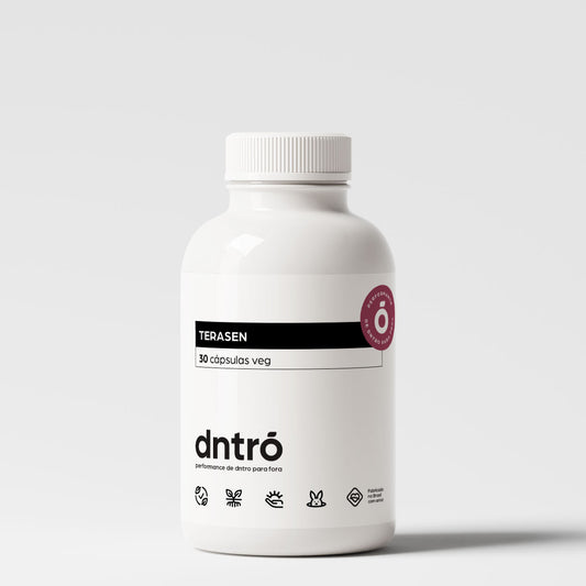 Frasco do suplemento Dntró Terasen com 30 cápsulas veganas. Fórmula exclusiva para suporte ao bem-estar e performance diária. Embalagem branca com design clean, selo de pureza e ícones de produto vegano, sem glúten, sem lactose e não testado em animais.