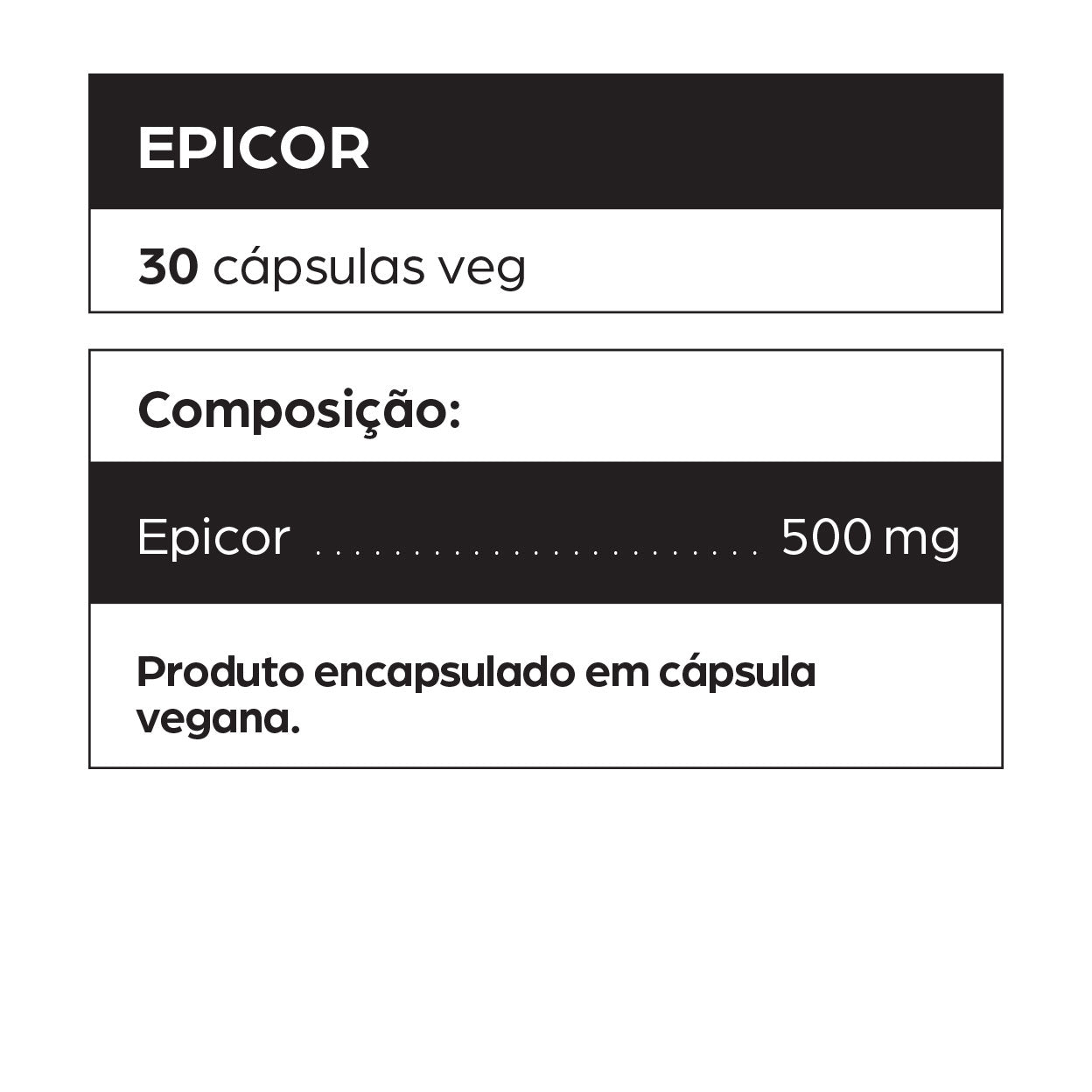 Rótulo do suplemento alimentar Epicor com 30 cápsulas veganas de 500 mg cada. Produto encapsulado em cápsula vegetal, livre de ingredientes de origem animal. Epicor é um ingrediente funcional obtido por fermentação natural da levedura Saccharomyces cerevisiae, com ação imunomoduladora. Indicado para fortalecer o sistema imunológico, prevenir gripes e resfriados, reduzir inflamações e melhorar a resposta do organismo contra vírus e bactérias. Ideal para pessoas com baixa imunidade, cansaço frequente, infecçõ