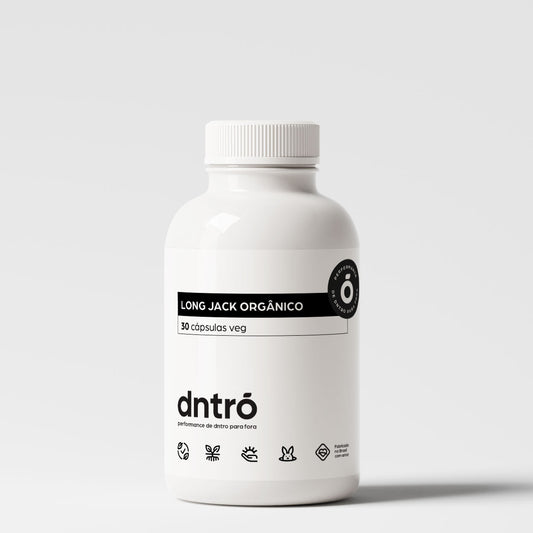 Frasco do suplemento DNTRO Long Jack Orgânico com 30 cápsulas veganas. Embalagem branca com rótulo minimalista preto e selo escuro. Produto natural voltado para energia, vitalidade masculina e performance. Vegano, não testado em animais e sem aditivos artificiais.