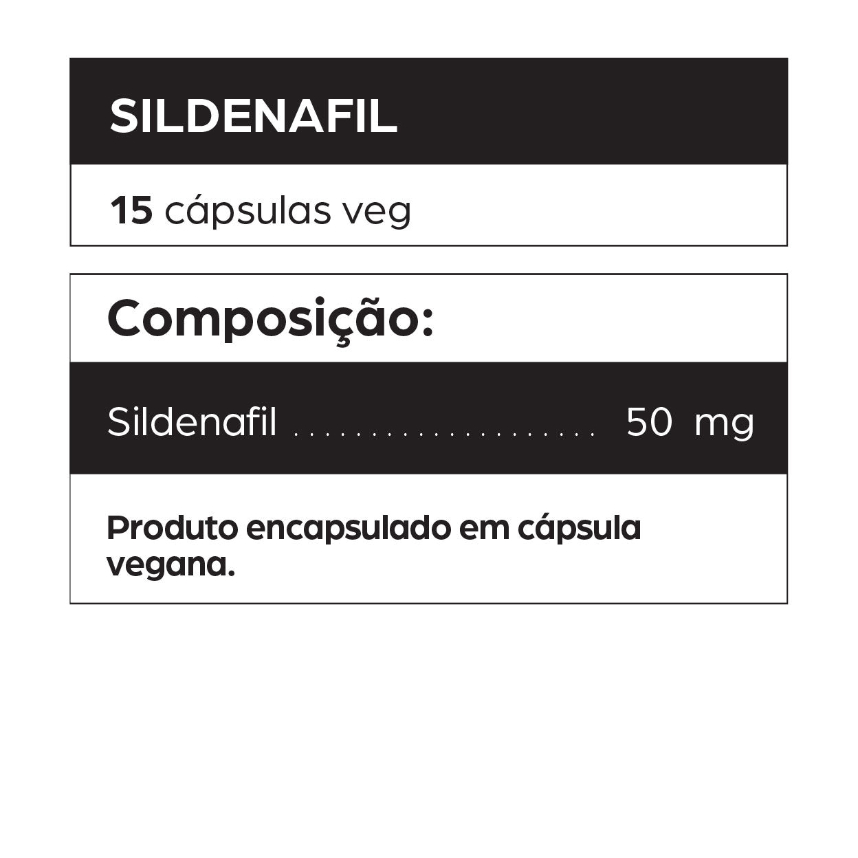 Informações do suplemento de Sildenafil da dntró com 15 cápsulas veganas, cada uma contendo 50 mg de sildenafil. Indicado para suporte à função erétil, aumento da performance sexual e melhora da circulação sanguínea. Produto natural, vegano, sem glúten, sem lactose e não testado em animais.