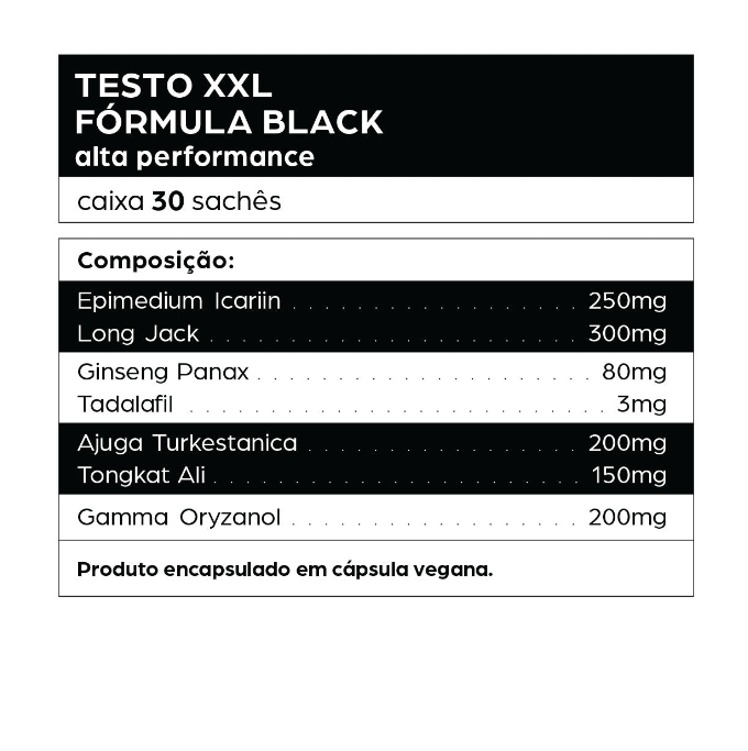Tabela nutricional da fórmula Testo XXL Fórmula Black da dntrō, com 30 sachês. Contém ingredientes como Epimedium Icariin (250mg), Long Jack (300mg), Ginseng Panax (80mg), Tadalafila (3mg), Ajuga Turkestanica (200mg), Tongkat Ali (150mg) e Gamma Oryzanol (200mg). Produto encapsulado em cápsula vegana.