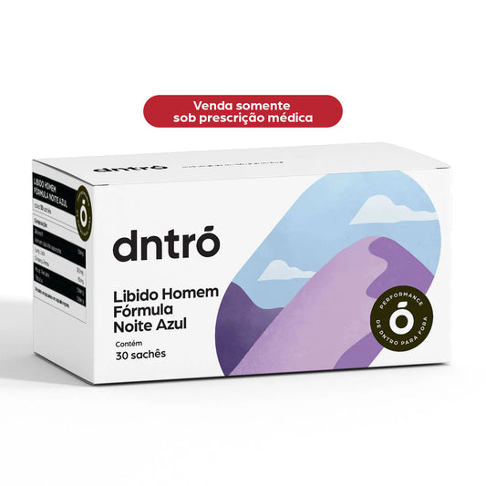Caixa do suplemento Dntrō Libido Homem Fórmula Noite Azul, contendo 30 sachês, indicado para homens que buscam desempenho sexual noturno. Embalagem branca com ilustração em tons de azul e roxo, destacando que o produto é vendido somente sob prescrição médica.