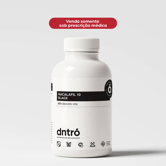 Frasco branco do suplemento Dntrō Macalafil 10 Black com 60 cápsulas veganas, voltado para o aumento da libido, potência sexual e performance masculina. Produto de uso exclusivo com prescrição médica, fórmula avançada da linha Black da Dntrō.