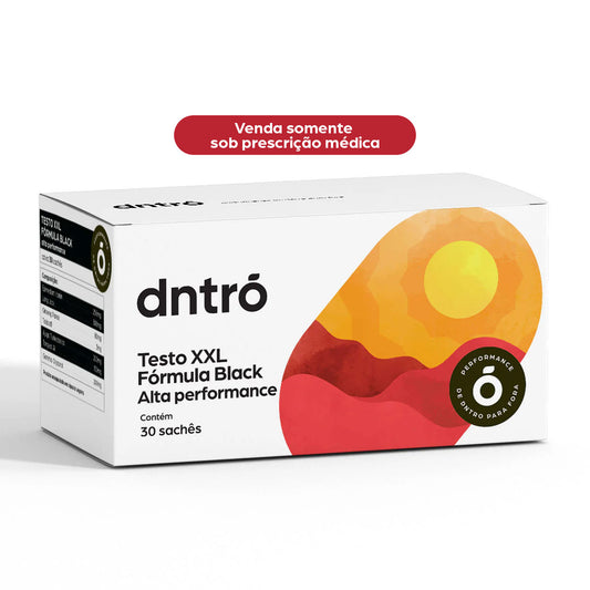 Caixa do suplemento Dntrō Testo XXL Fórmula Black com 30 sachês, desenvolvido para alta performance masculina. A embalagem destaca que o produto é vendido somente sob prescrição médica e reforça o conceito “performance de dentro para fora” com visual moderno e abstrato nas cores laranja e vermelha.