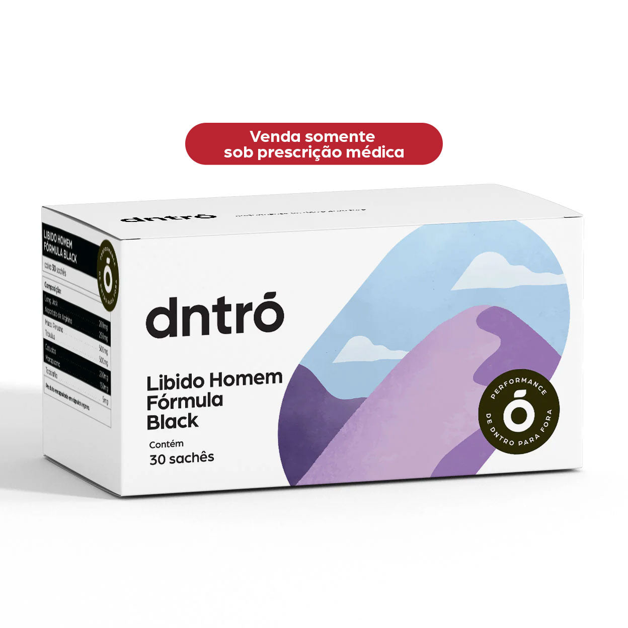 Embalagem do suplemento Dntrō Libido Homem Fórmula Black, com 30 sachês, desenvolvido para aumento da libido e performance sexual masculina. Produto vendido somente sob prescrição médica. A caixa possui design moderno com tons de azul e roxo e destaque para o selo "Performance de Dntro para Fora".