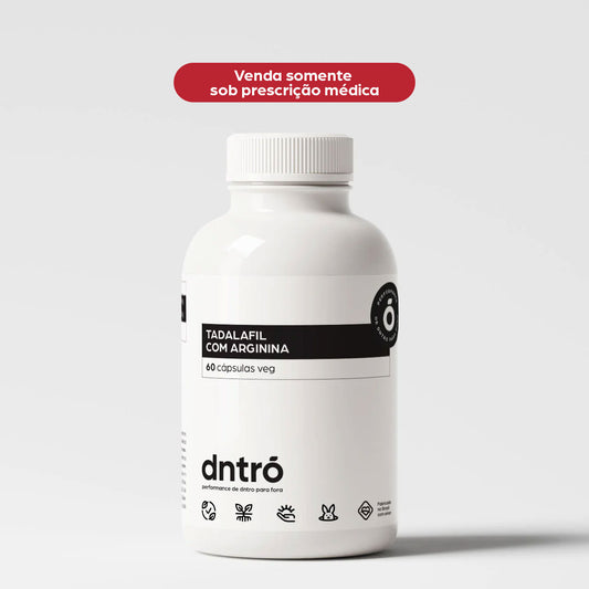 Frasco branco do suplemento Dntrō Tadalafila com Arginina contendo 60 cápsulas veganas. Produto voltado para saúde sexual masculina e melhora da performance, desenvolvido com cápsulas de origem vegetal. Venda sob prescrição médica.