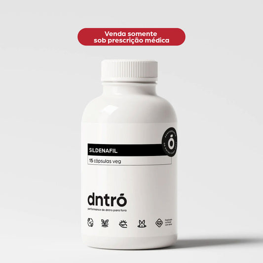 Imagem do frasco branco do suplemento Dntrō Macalafil 10 Black, contendo 60 cápsulas veganas. Produto indicado para melhora da libido e desempenho sexual masculino, pertencente à linha Black da Dntrō. Uso exclusivo com prescrição médica.