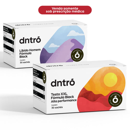 Caixas dos suplementos dntrō Testo XXL Fórmula Black e Libido Homem Fórmula Black, ambos com 30 sachês e venda somente sob prescrição médica.