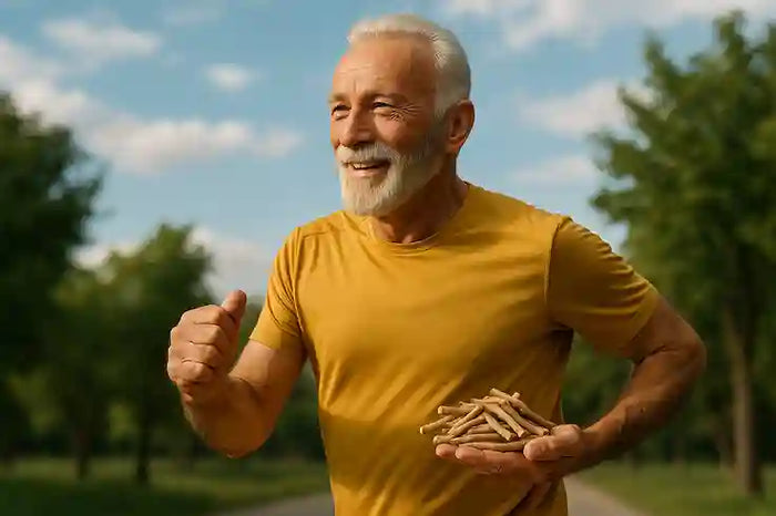 Idoso saudável correndo ao ar livre e segurando raízes de ashwagandha, representando energia, vitalidade e os principais ashwagandha benefícios para envelhecer bem.