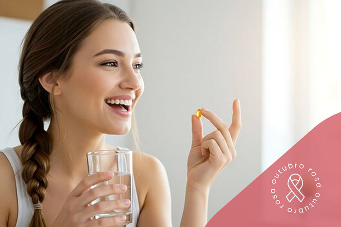 Mulher com suplemento evitando câncer e suplemento