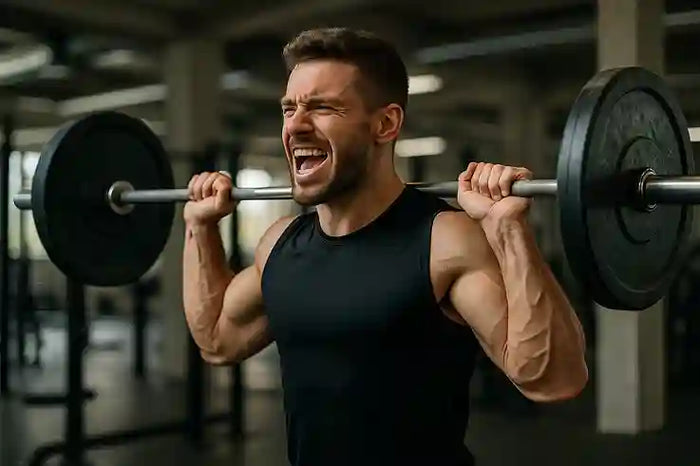 Imagem fotorrealista de homem musculoso praticando musculação com barra, transmitindo energia e potência, exemplo prático do que aumenta a testosterona.