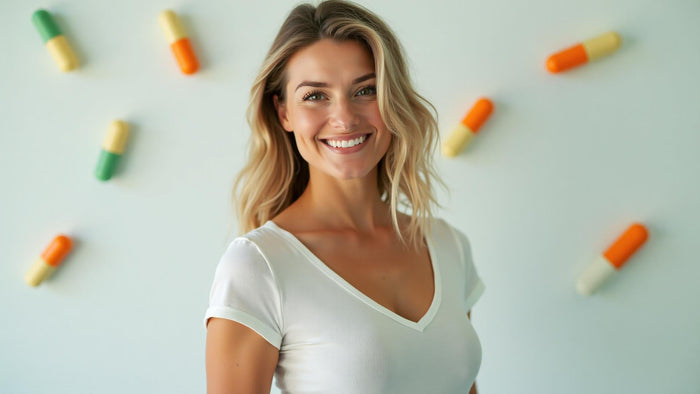 Mulher loira sorridente vestindo camiseta branca em frente a uma parede decorada com cápsulas coloridas — imagem conceitual sobre o uso de tadalafila feminino.