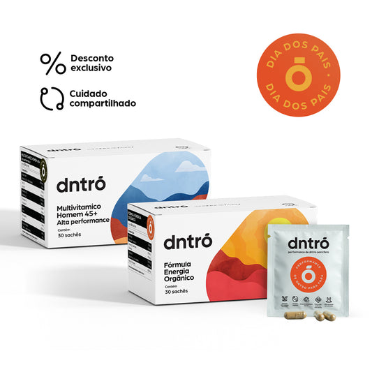 Kit DNTRO especial Dia dos Pais com desconto exclusivo: Multivitamínico Homem 45+ Alta Performance e Fórmula Energia Orgânico, cada um com 30 sachês, apresentados em embalagens modernas e cápsulas expostas, destacando cuidado compartilhado e alta performance.