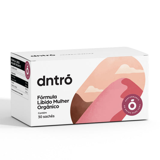 Embalagem do produto "dntró Fórmula Libido Mulher Orgânico". A caixa é branca com ilustrações em tons rosados e terrosos que lembram formas femininas e paisagens abstratas. Contém 30 sachês. No canto inferior direito, há um selo com o texto "Performance dntró para fora".