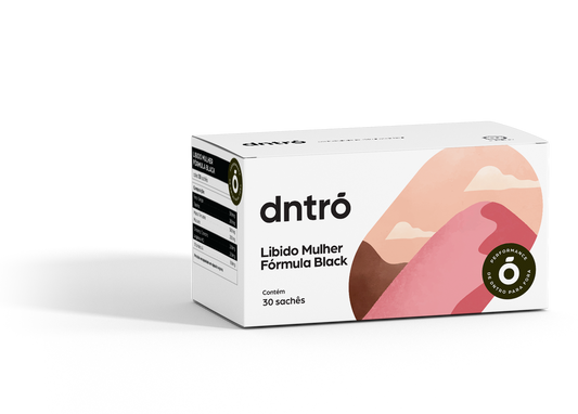 Embalagem da Fórmula Libido Mulher Black da dntrō com 30 sachês, suplemento voltado para desejo, energia e bem-estar feminino.