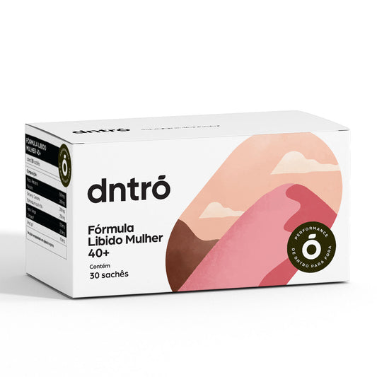 Caixa do suplemento DNTRO Fórmula Libido Mulher 40+ com 30 sachês — suplemento natural para mulheres com baixa libido, queda de desejo sexual, ressecamento vaginal e perda de vitalidade; promove equilíbrio hormonal, energia e bem-estar íntimo na maturidade.